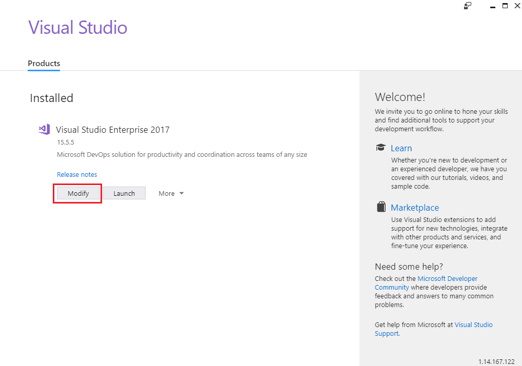 Screenshot of the Visual Studio 2017 installer dialogue with the Modify button highlighted